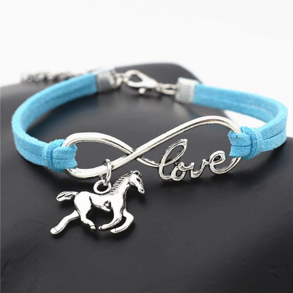 blue leather I love horses bracelet